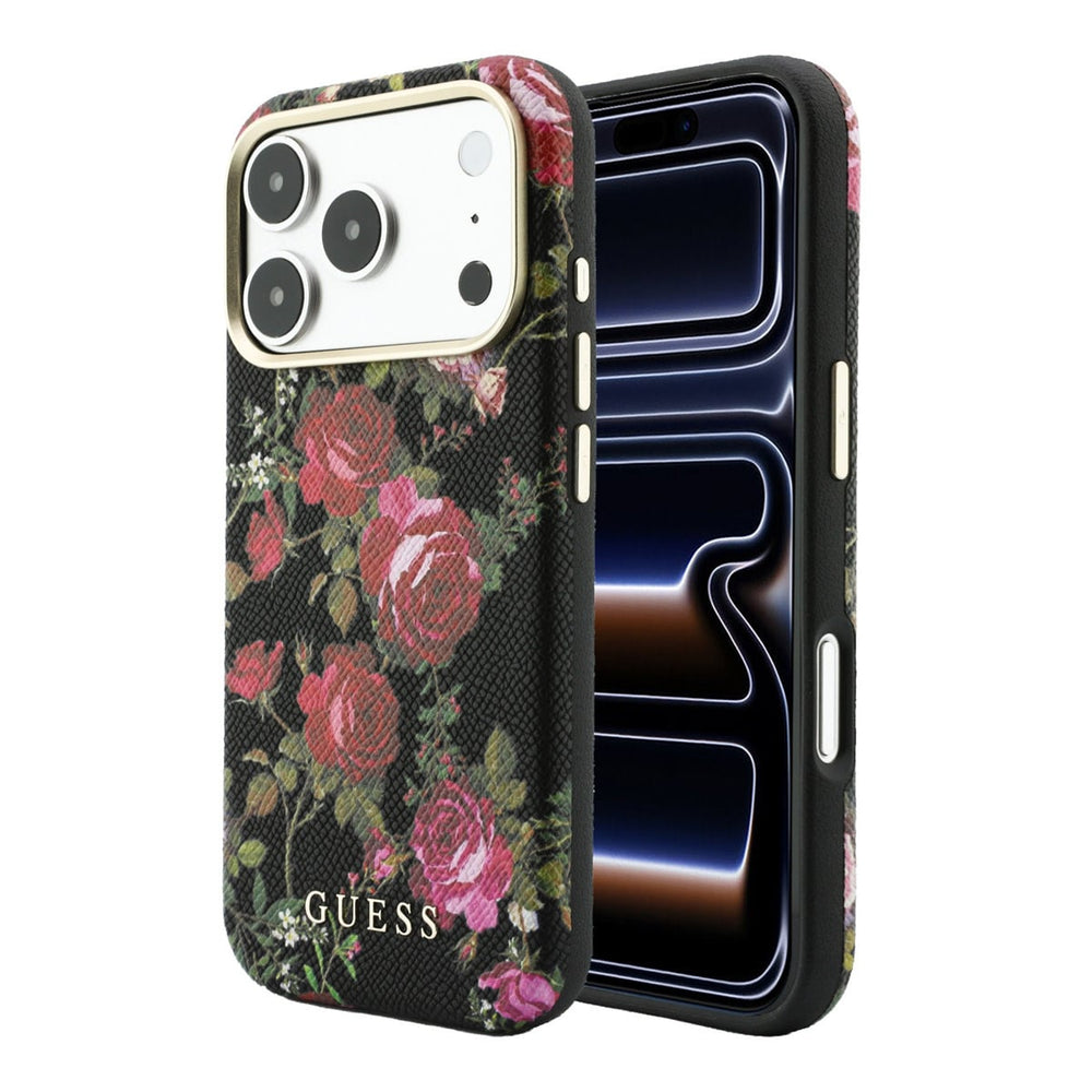 Zwart Guess telefoonhoesje met rozenprint en logo, voor- en achterkant op een telefoon