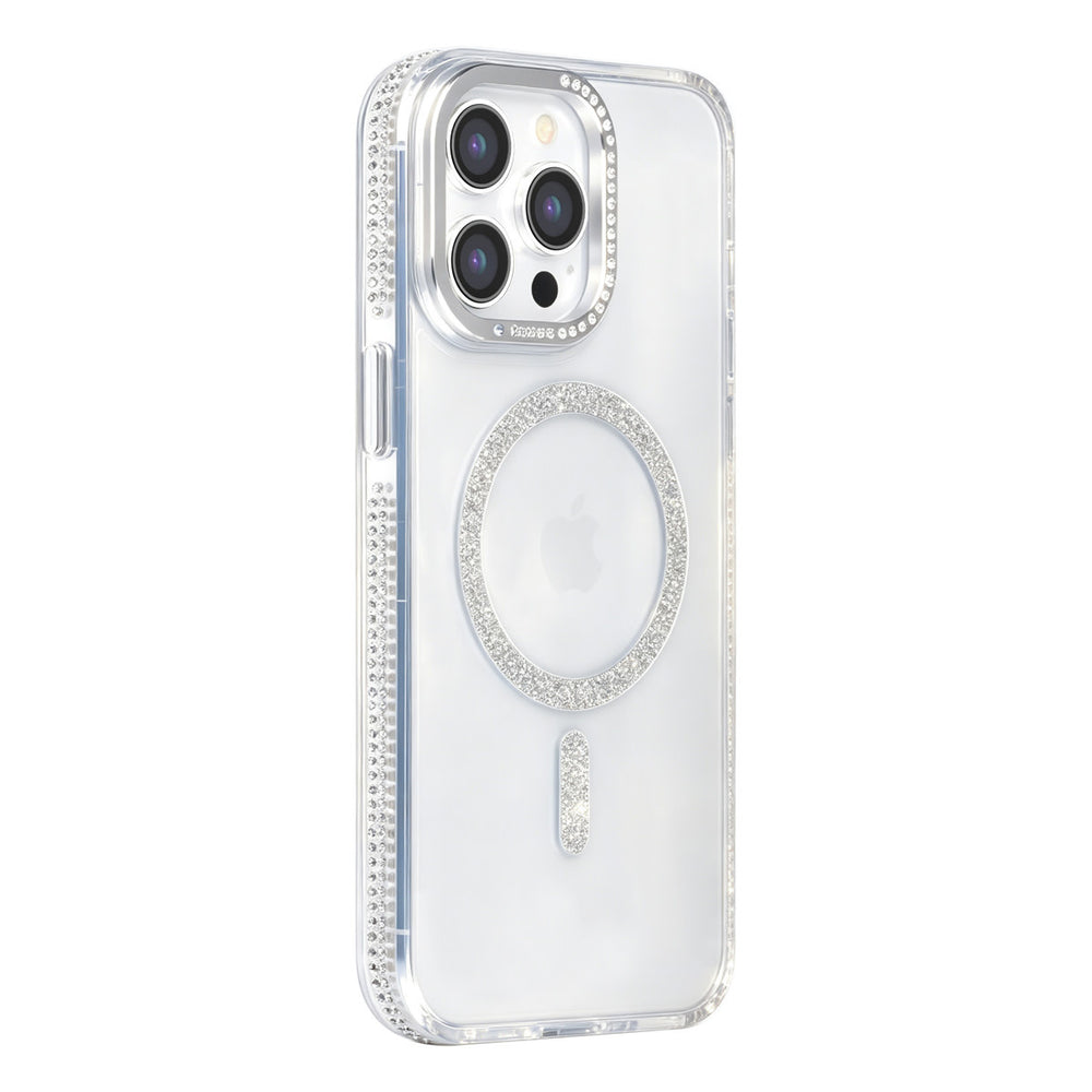 Transparant TUNIQ telefoonhoesje met zilverkleurige glitterring en rand, van achteren op een telefoon