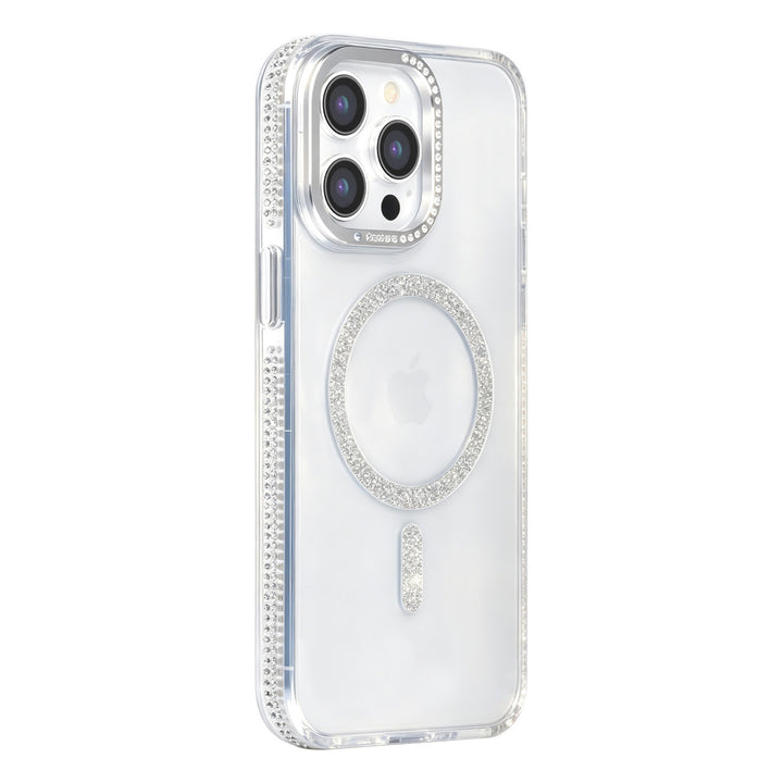 Transparant TUNIQ telefoonhoesje met zilverkleurige glitterring en rand, van achteren op een telefoon
