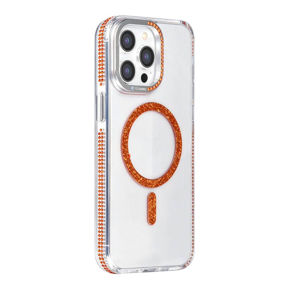 Transparant TUNIQ telefoonhoesje met oranje glitterring en rand, van achteren op een telefoon
