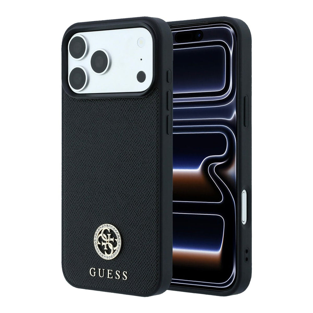 Zwart Guess telefoonhoesje met rond logo, voor- en achterkant op een telefoon