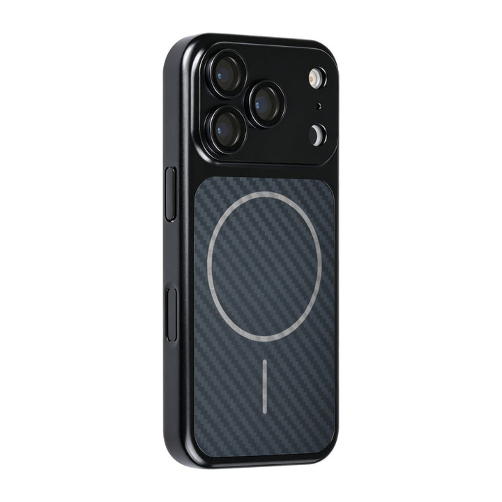 Zwart TUNIQ telefoonhoesje met diagonaal patroon en ring, van achteren op een telefoon