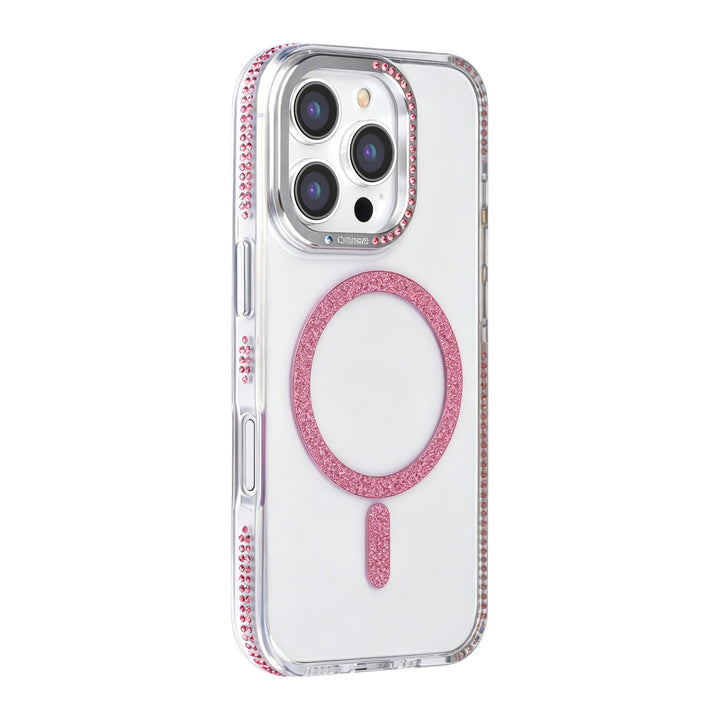 Transparant TUNIQ telefoonhoesje met roze glitterring en rand, van achteren op een telefoon