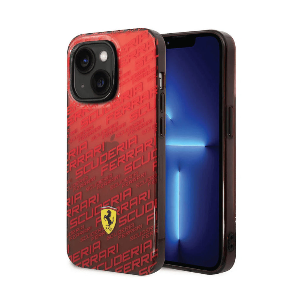 Rood Ferrari telefoonhoesje met letterpatroon en geel schildlogo, voor- en achterkant op een telefoon
