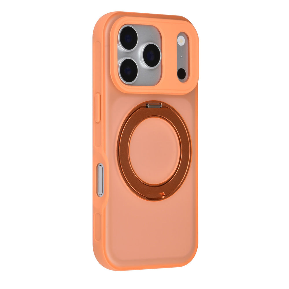 Oranje TUNIQ telefoonhoesje met glanzende ringstandaard, van achteren op een telefoon