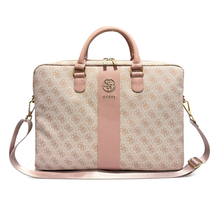 Roze Guess laptoptas met patroon, logostrook, handvatten en schouderriem