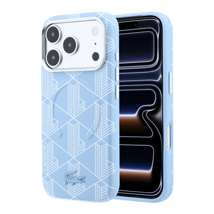 Lichtblauw Lacoste telefoonhoesje met geometrisch patroon, voor- en achterkant op een telefoon