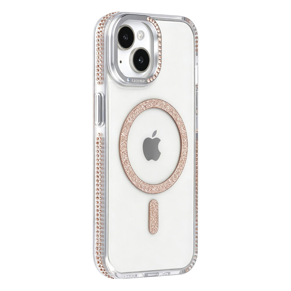 Transparant TUNIQ telefoonhoesje met goudkleurige glitterring en rand, van achteren op een telefoon