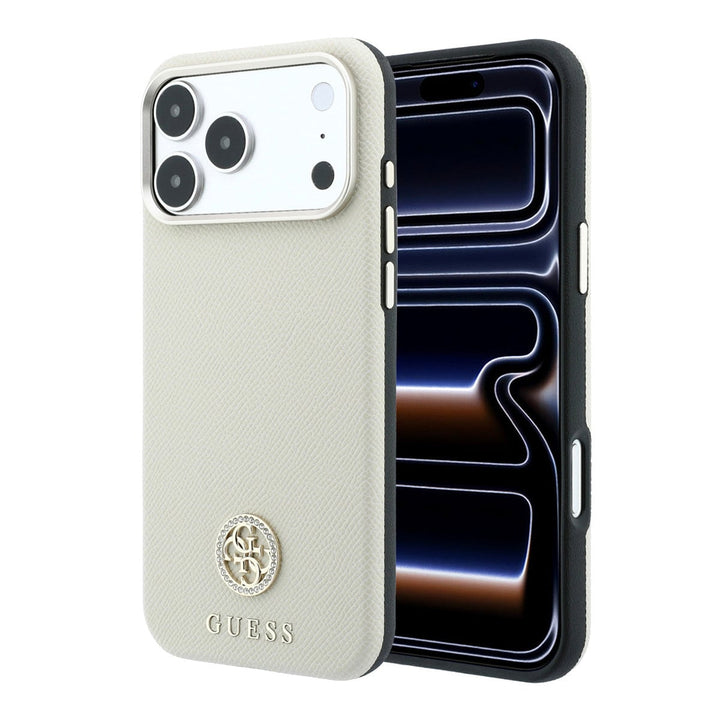 Beige Guess telefoonhoesje met rond strasslogo, voor- en achterkant op een telefoon