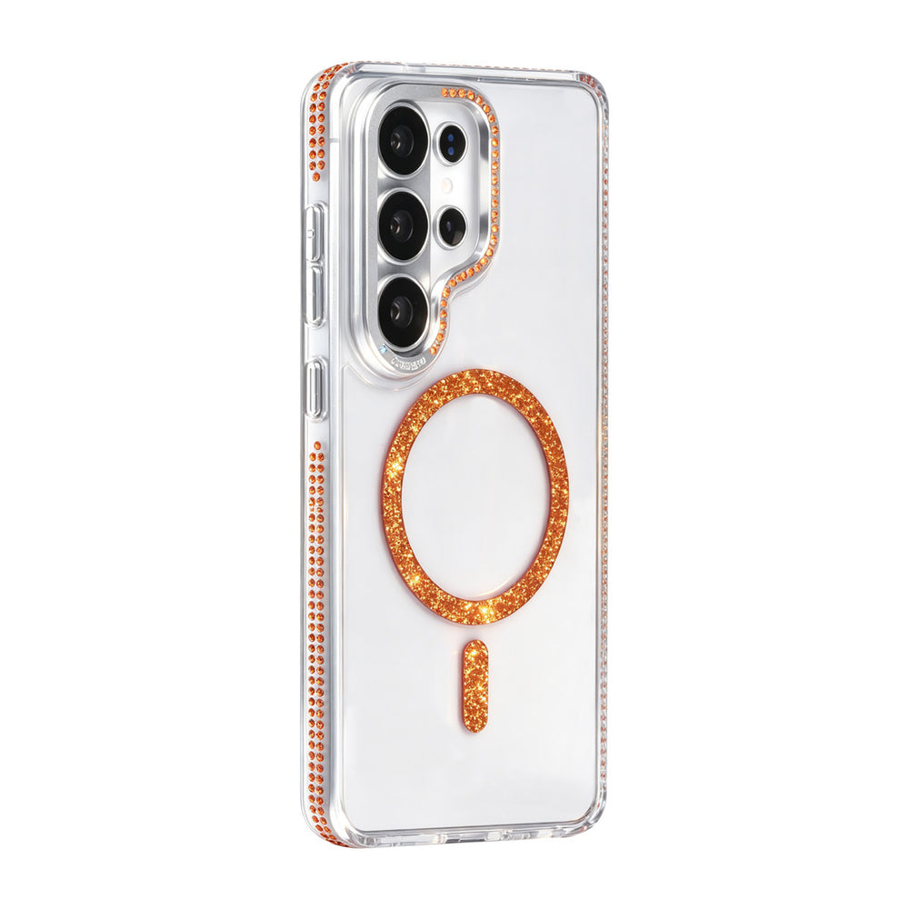 Transparant TUNIQ telefoonhoesje met oranje glitterring en rand, van achteren op een telefoon
