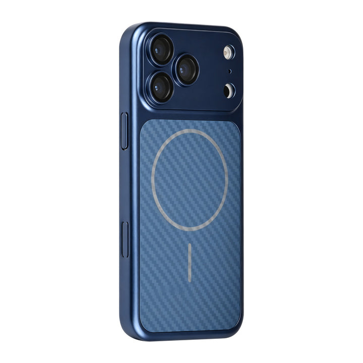 Blauw TUNIQ telefoonhoesje met diagonaal patroon en ring, van achteren op een telefoon