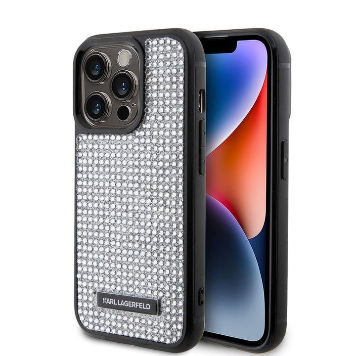 Karl Lagerfeld telefoonhoesje met zilverkleurige strassstenen en zwarte rand, voor- en achterkant op een telefoon