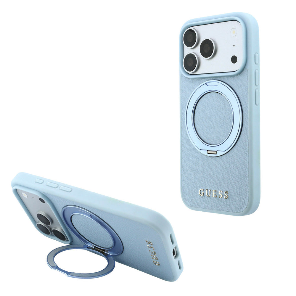 Lichtblauw Guess telefoonhoesje met ringstandaard, staand en horizontaal als telefoonsteun
