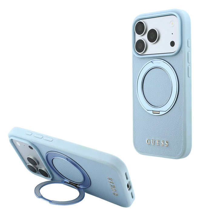 Lichtblauw Guess telefoonhoesje met ringstandaard, staand en horizontaal als telefoonsteun