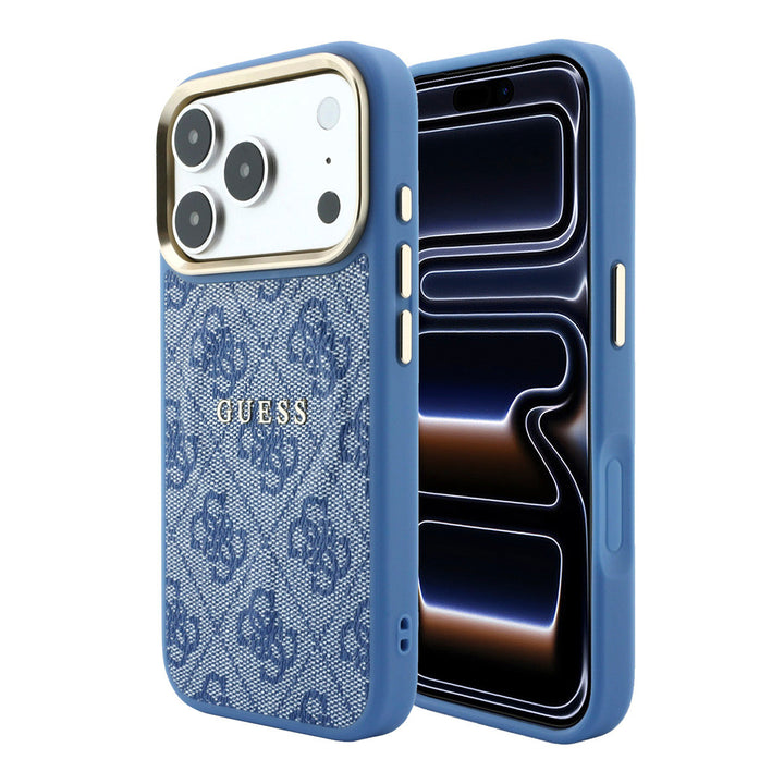 Blauw Guess telefoonhoesje met 4G-patroon en klassiek logo, voor- en achterkant op een telefoon