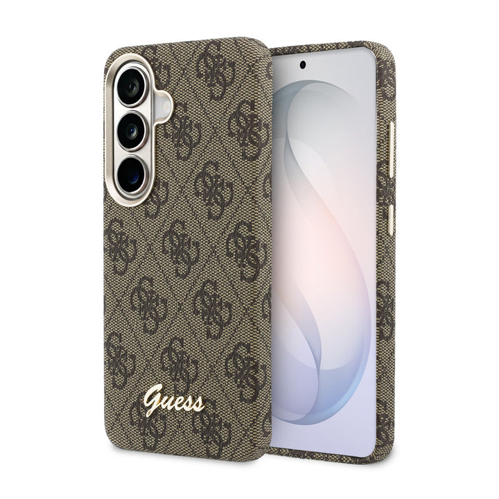 Bruin Guess telefoonhoesje met 4G-patroon en goudkleurig schriftlogo, voor- en achterkant op een telefoon