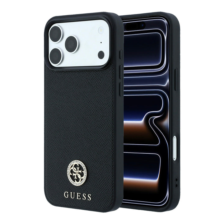 Zwart Guess telefoonhoesje met rond logo, voor- en achterkant op een telefoon