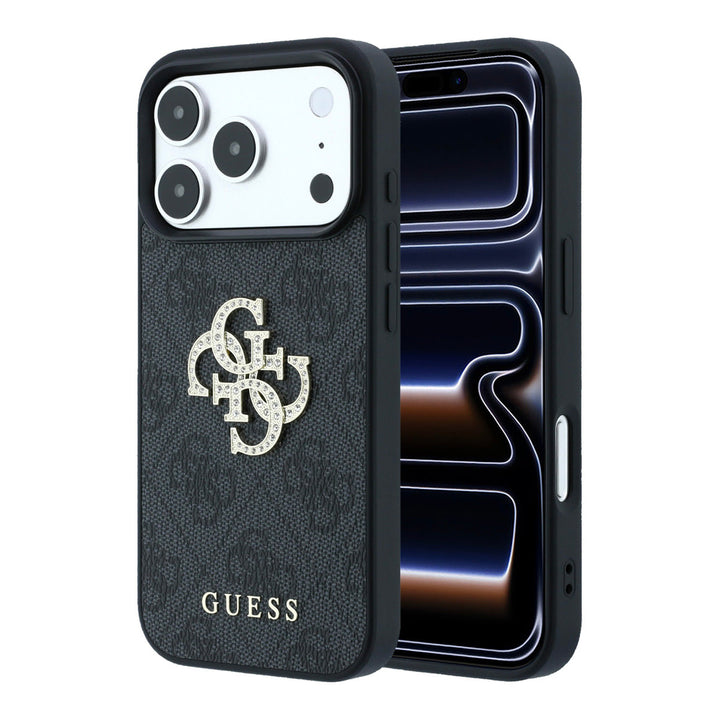 Zwart Guess telefoonhoesje met 4G-patroon en groot strasslogo, voor- en achterkant op een telefoon