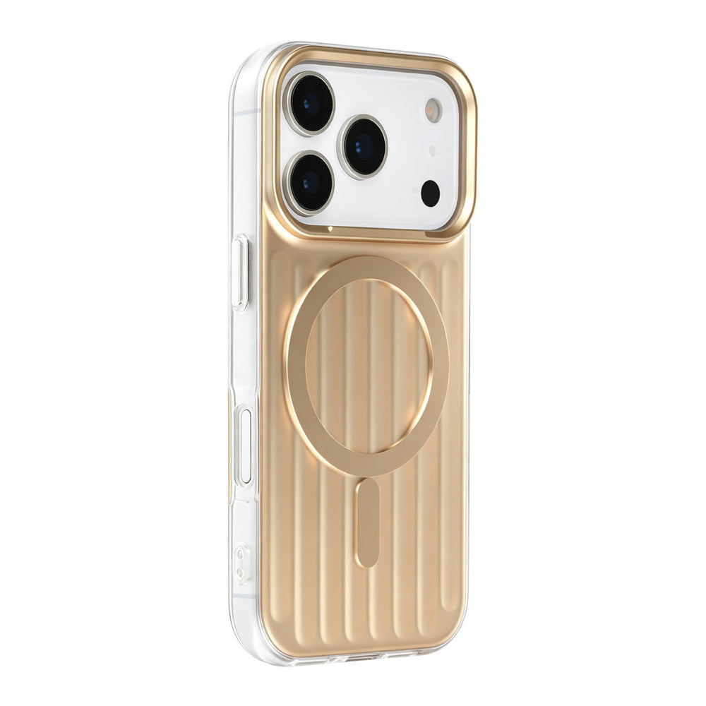 Goudkleurig TUNIQ telefoonhoesje met verticale ribbels en ring, van achteren op een telefoon