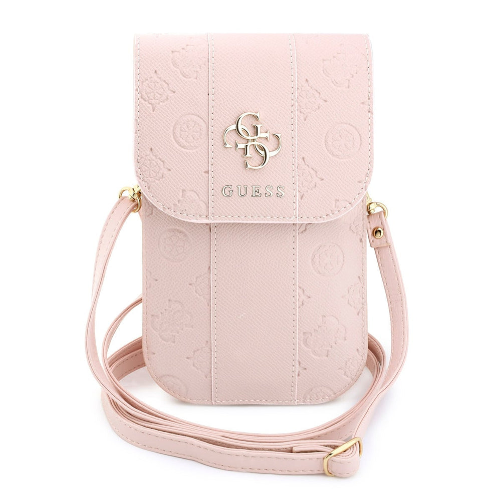 Roze Guess telefoontas met verticale patroonbanen, klep en schouderriem