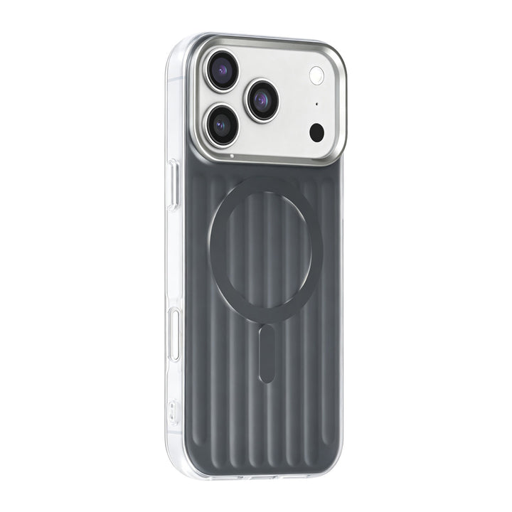 Zwart TUNIQ telefoonhoesje met verticale ribbels en ring, van achteren op een telefoon