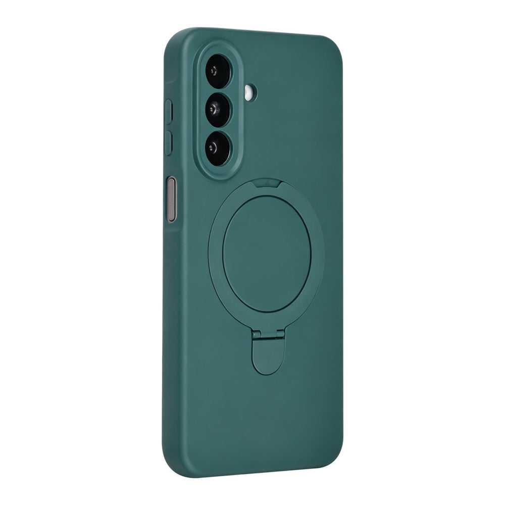 Donkergroen TUNIQ telefoonhoesje met ringstandaard, van achteren op een telefoon