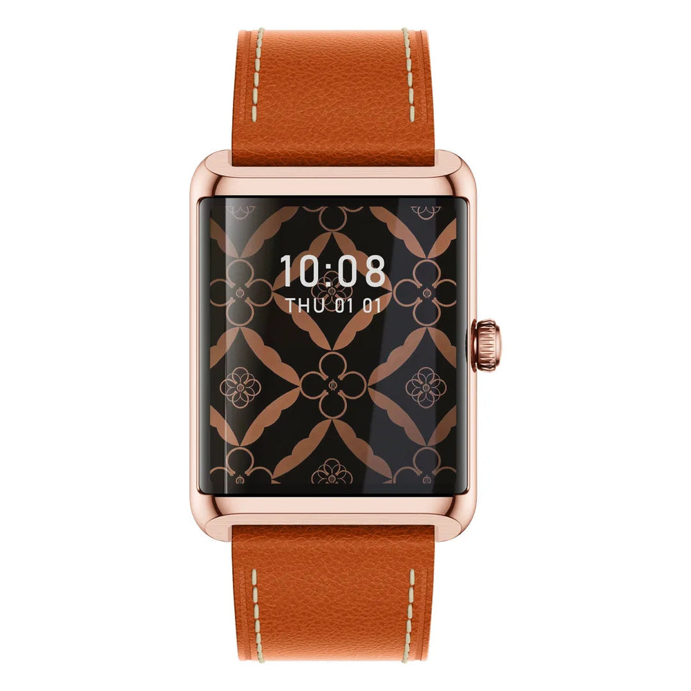 Green Lion Prime smartwatch met rechthoekig scherm, roségoudkleurige kast en bruine band