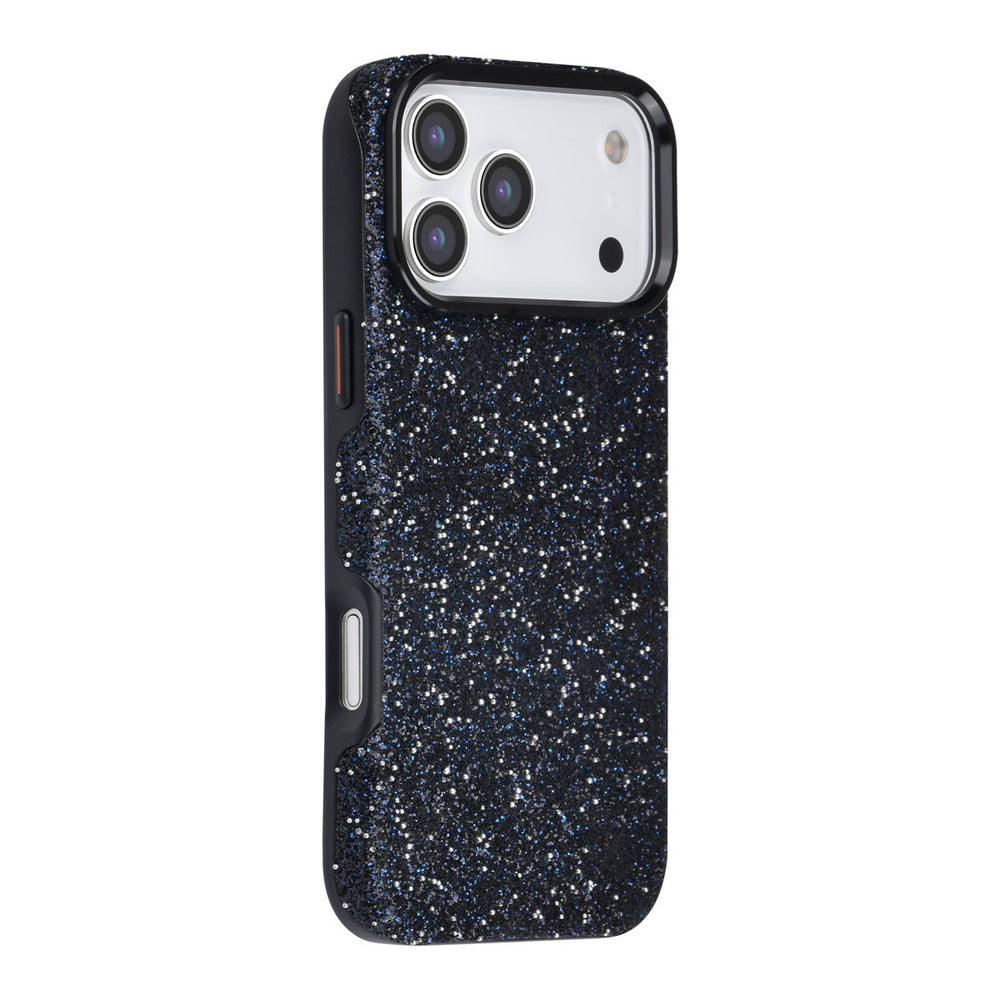 Zwart TUNIQ telefoonhoesje met glitters, van achteren op een telefoon