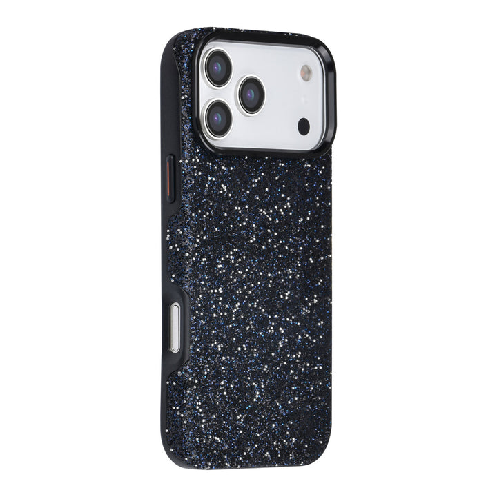 Zwart TUNIQ telefoonhoesje met glitters, van achteren op een telefoon