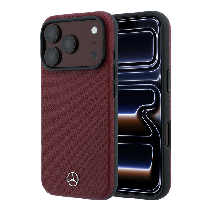 Bordeauxrood Mercedes-Benz telefoonhoesje met diagonaal patroon en Mercedes-logo, voor- en achterkant op een telefoon