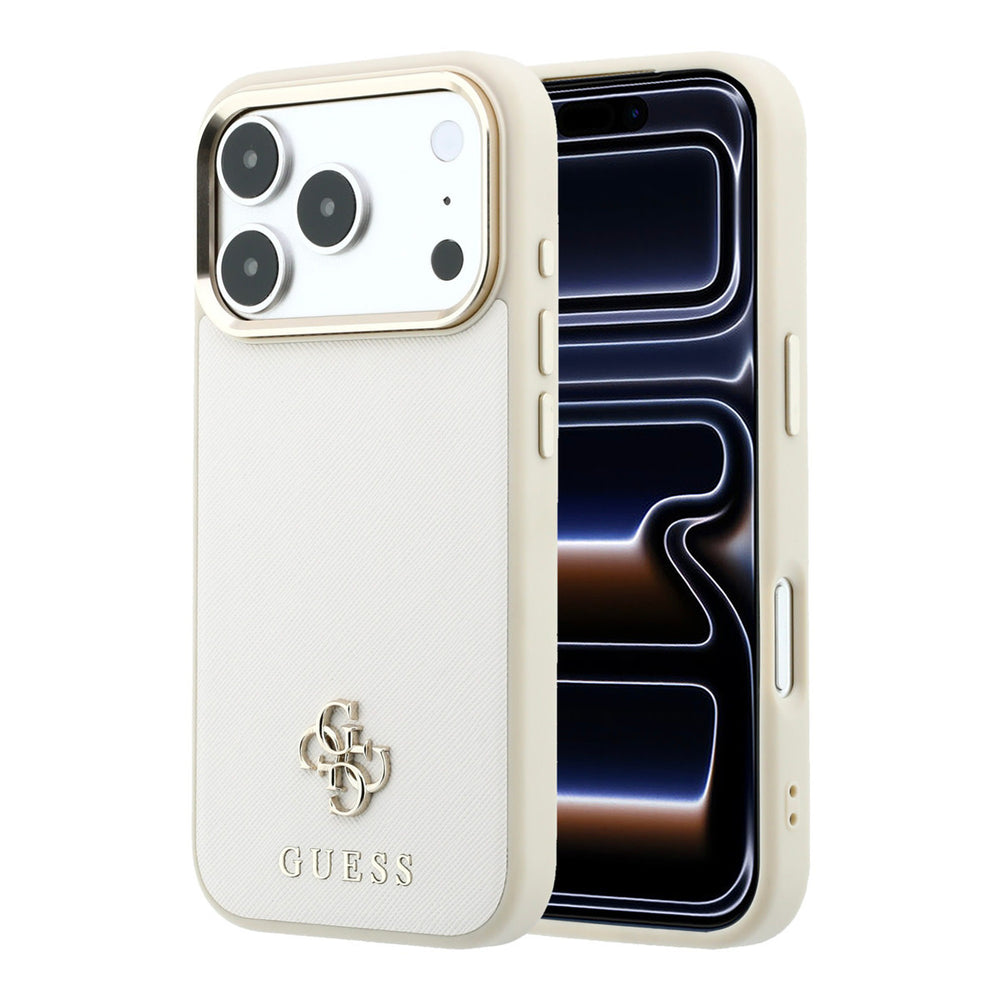 Beige Guess telefoonhoesje met klein 4G-logo en klassiek logo, voor- en achterkant op een telefoon