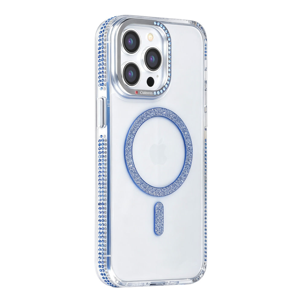 Transparant TUNIQ telefoonhoesje met blauwe glitterring en rand, van achteren op een telefoon