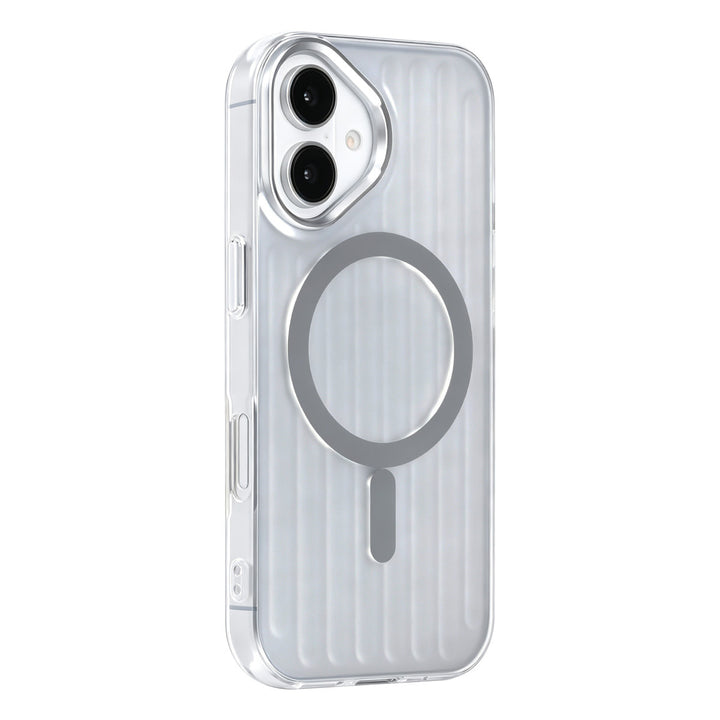 Zilverkleurig TUNIQ telefoonhoesje met verticale ribbels en ring, van achteren op een telefoon