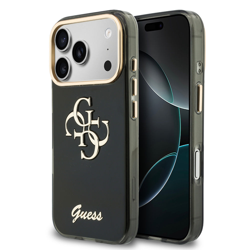 Zwart Guess telefoonhoesje met groot 4G-logo en goudkleurig schriftlogo, voor- en achterkant op een telefoon