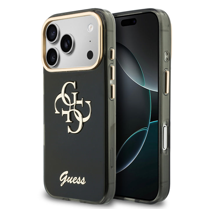 Zwart Guess telefoonhoesje met groot 4G-logo en goudkleurig schriftlogo, voor- en achterkant op een telefoon