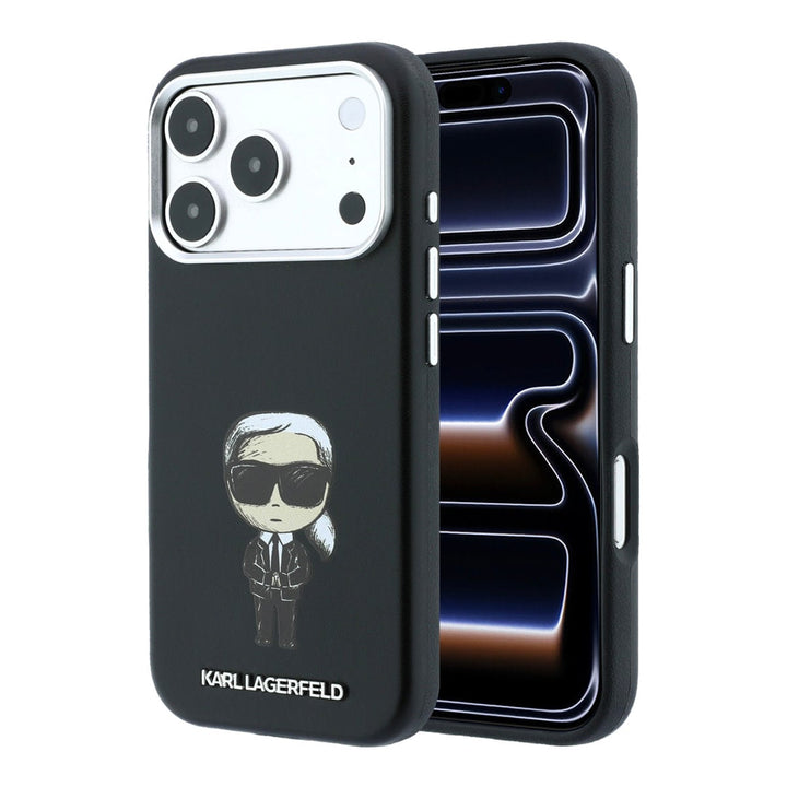 Zwart Karl Lagerfeld telefoonhoesje met figuur van Karl, voor- en achterkant op een telefoon