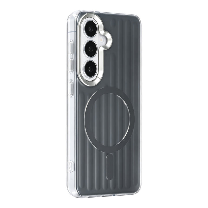 Zwart TUNIQ telefoonhoesje met verticale ribbels en ring, van achteren op een telefoon