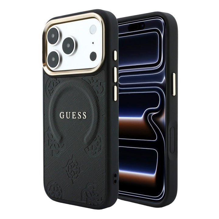 Zwart Guess telefoonhoesje met bloemenpatroon en ringstandaard, voor- en achterkant op een telefoon