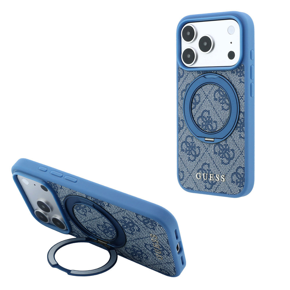 Blauw Guess telefoonhoesje met 4G-patroon met ringstandaard, staand en horizontaal als telefoonsteun