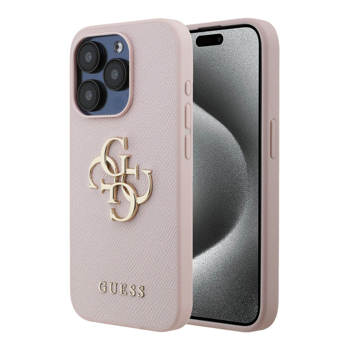 Roze Guess telefoonhoesje met groot goudkleurig 4G-logo, voor- en achterkant op een telefoon