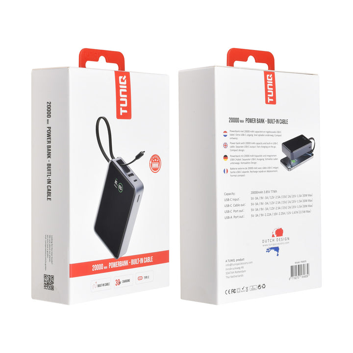 Voor- en achterkant van verpakking van zwarte TUNIQ powerbank met ingebouwde kabel