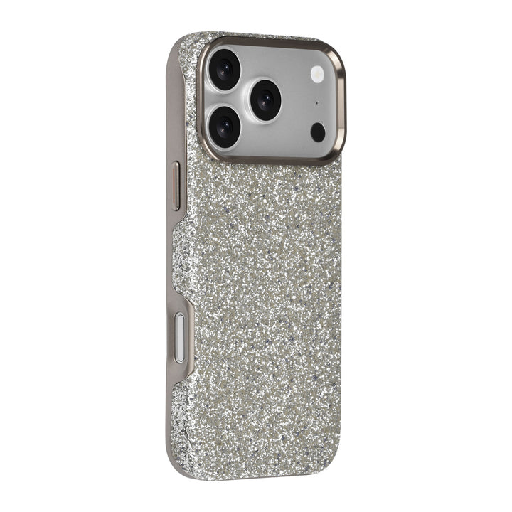 TUNIQ telefoonhoesje met lichte glitters en goudkleurige rand, van achteren op een telefoon