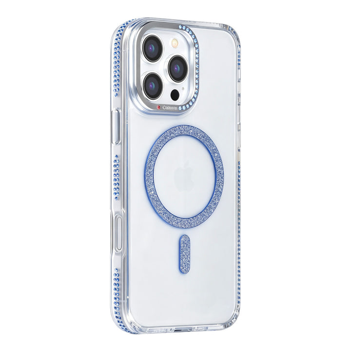 Transparant TUNIQ telefoonhoesje met blauwe glitterring en rand, van achteren op een telefoon