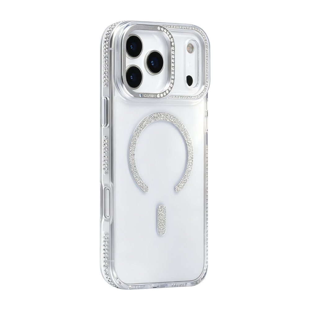 Transparant TUNIQ telefoonhoesje met zilverkleurige glitters langs de rand en gebogen ring, van achteren op een telefoon