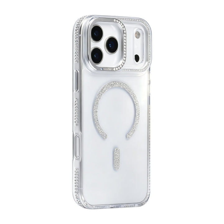 Transparant TUNIQ telefoonhoesje met zilverkleurige glitters langs de rand en gebogen ring, van achteren op een telefoon