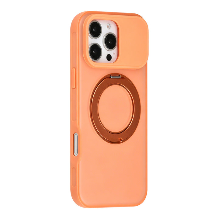 Oranje TUNIQ telefoonhoesje met glanzende ringstandaard, van achteren op een telefoon