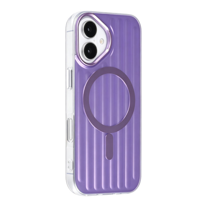 Paars TUNIQ telefoonhoesje met verticale ribbels en ring, van achteren op een telefoon