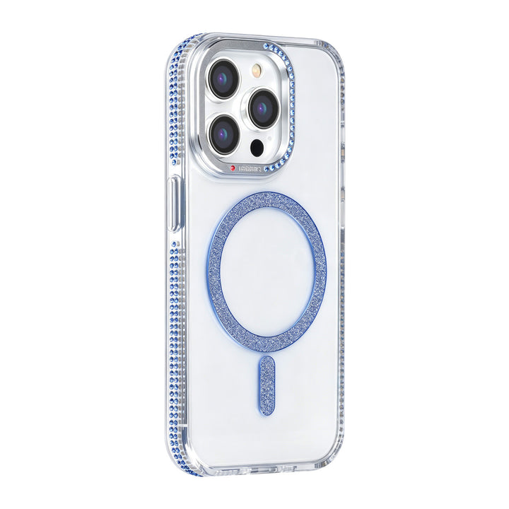 Transparant TUNIQ telefoonhoesje met blauwe glitterring en rand, van achteren op een telefoon