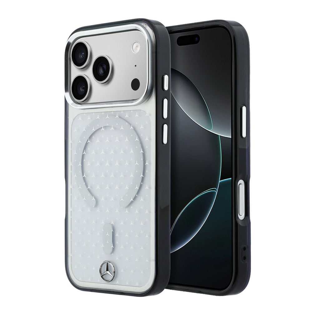 Transparant Mercedes-Benz telefoonhoesje met sterrenpatroon, ring en zwarte rand, voor- en achterkant op een telefoon