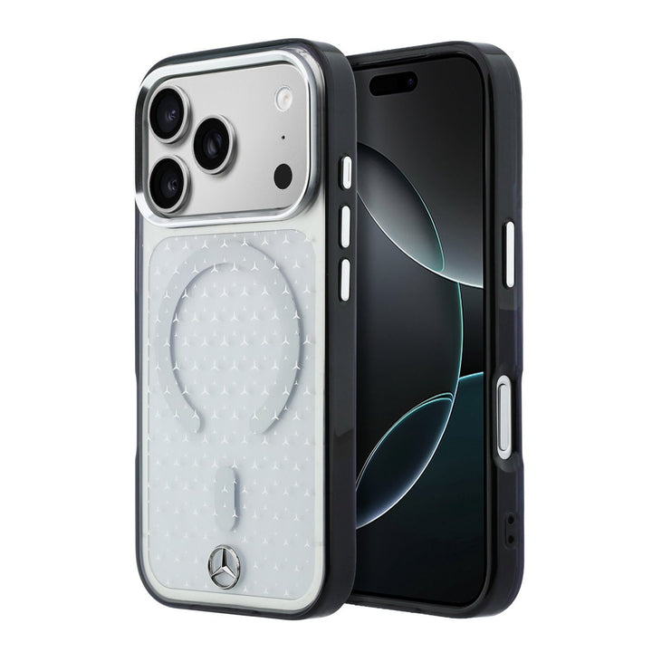 Transparant Mercedes-Benz telefoonhoesje met sterrenpatroon, ring en zwarte rand, voor- en achterkant op een telefoon
